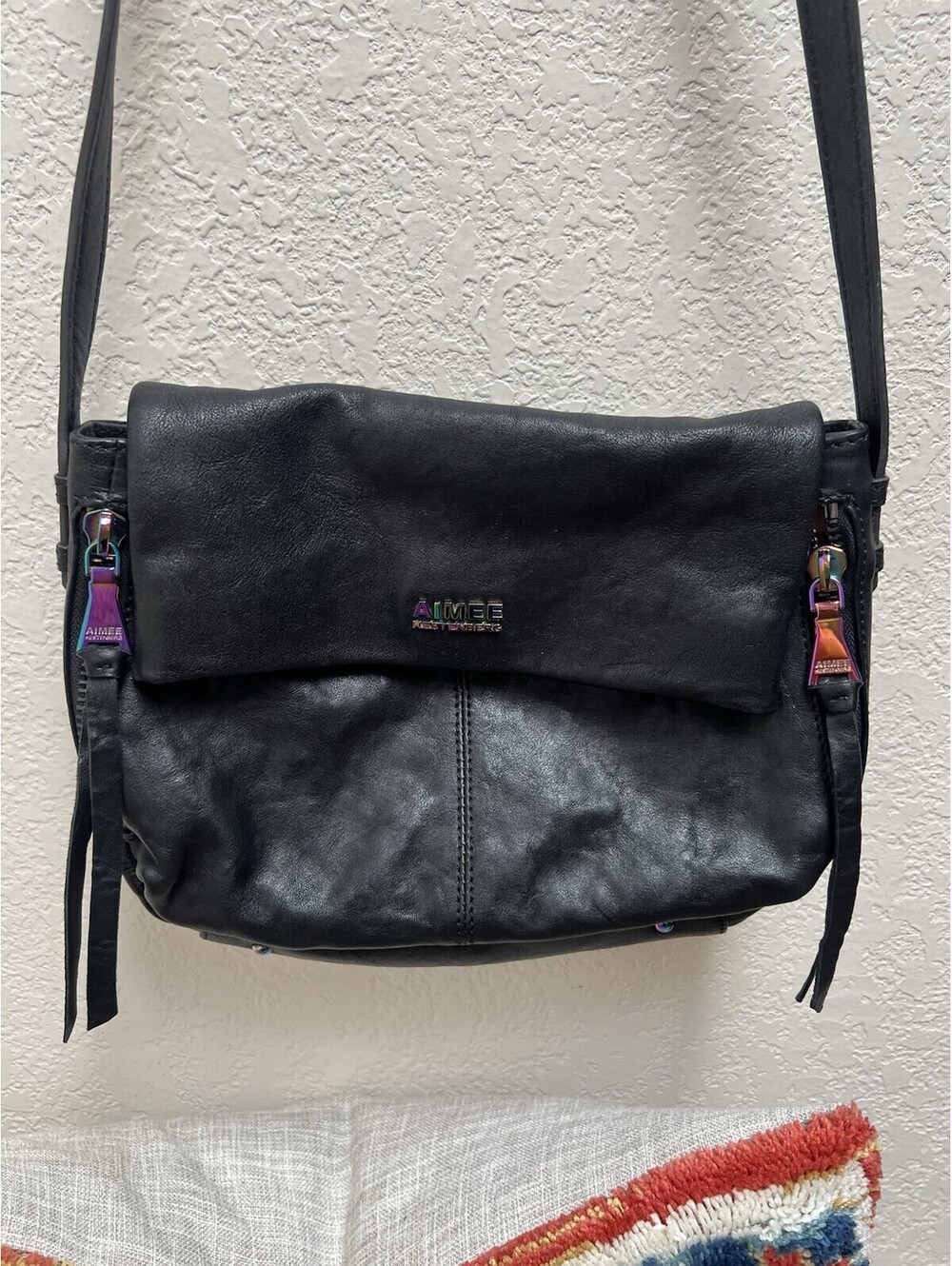 Aimee Kestenberg Black Leather Crossbody Purse Handbag Iridescent Hardware